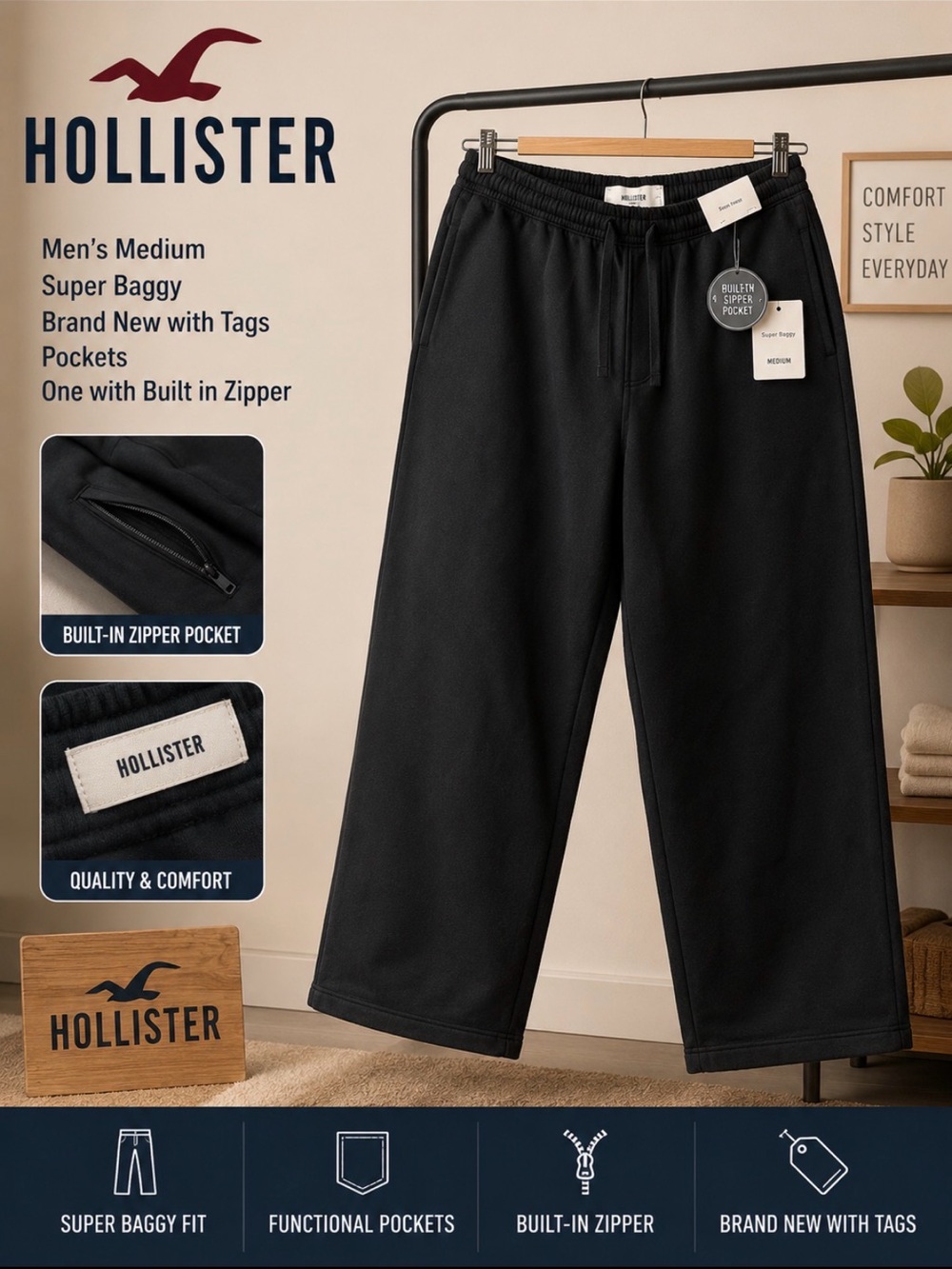 Hollister Men’s Black Super Baggy Joggers with Drawstring